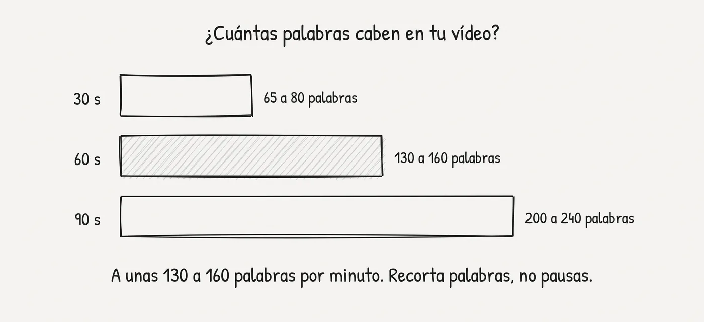 Número de palabras de un guion de vídeo explicativo: 30 segundos, 65 a 80 palabras; 60 segundos, 130 a 160 palabras; 90 segundos, 200 a 240 palabras, a unas 130 a 160 palabras por minuto.