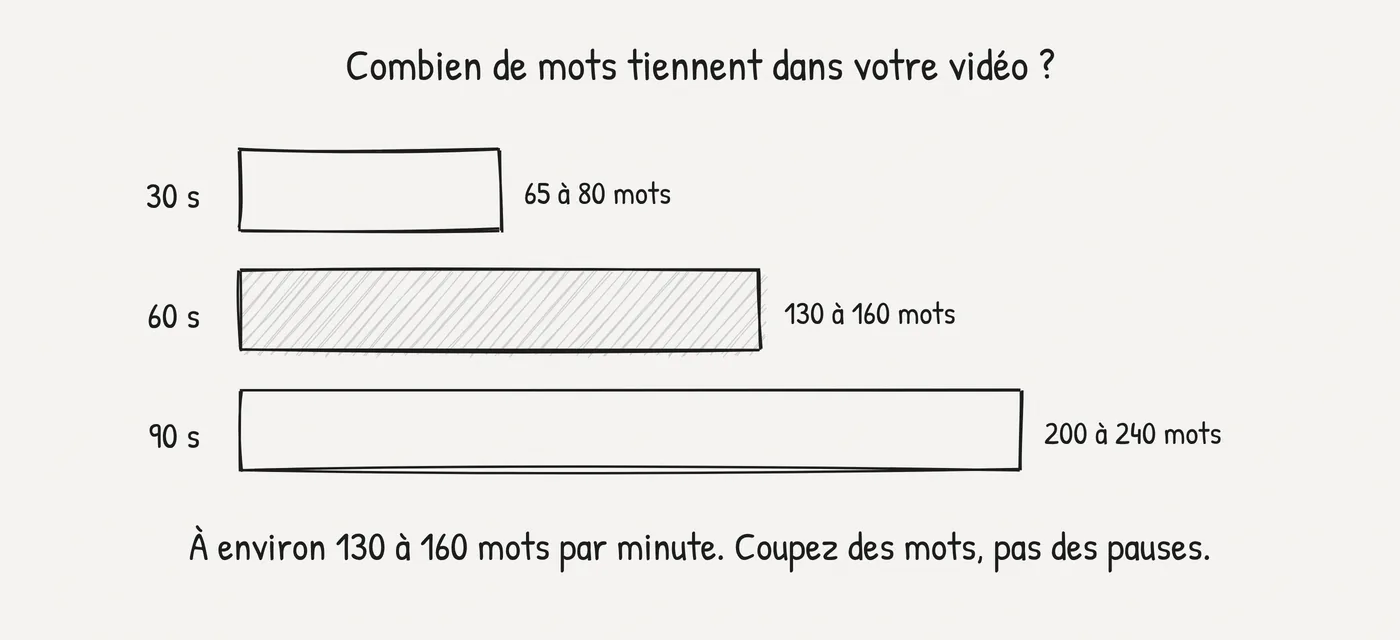 Nombre de mots d'un script de vidéo explicative : 30 secondes, 65 à 80 mots ; 60 secondes, 130 à 160 mots ; 90 secondes, 200 à 240 mots, à environ 130 à 160 mots par minute.