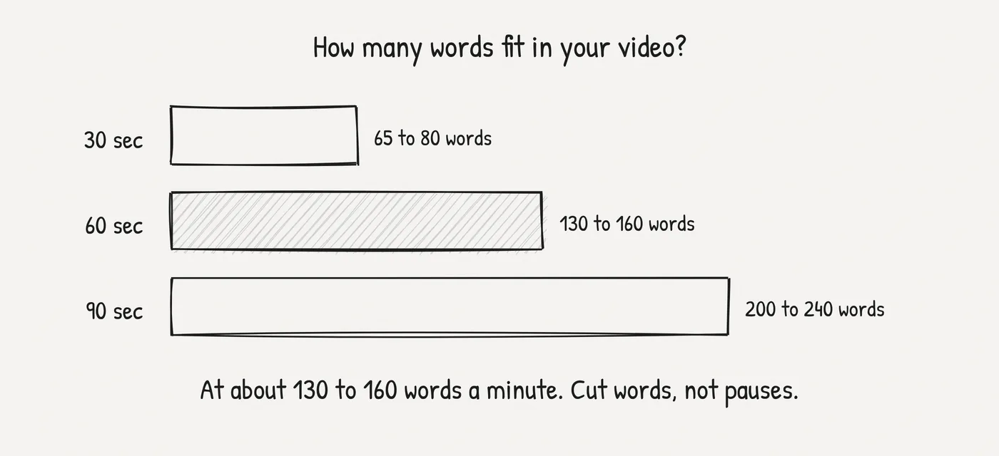 Explainer video script word counts: 30 seconds is 65 to 80 words, 60 seconds is 130 to 160 words, 90 seconds is 200 to 240 words, at about 130 to 160 words a minute.