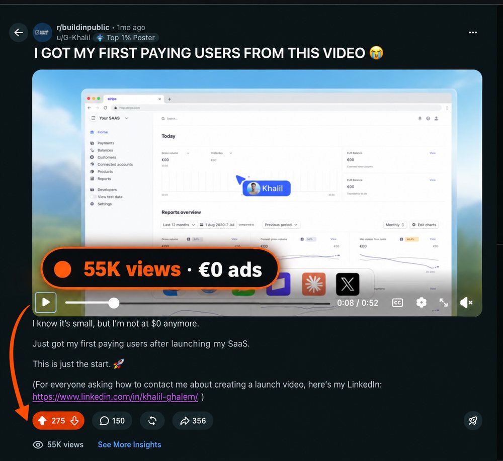 MarketFast launch post on r/buildinpublic with 55K views