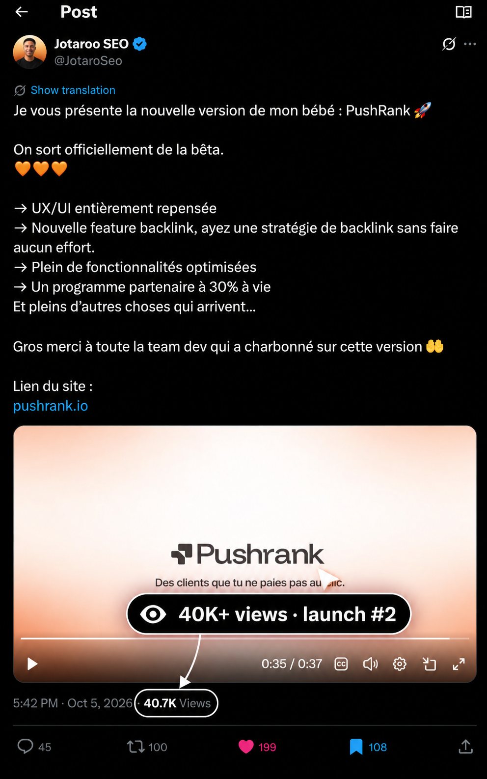PushRank second launch post on X with 40.7K views