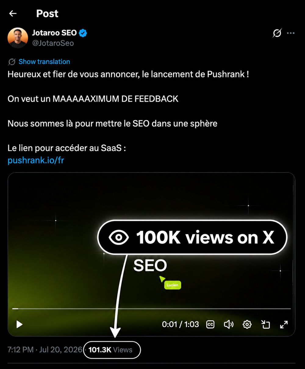 PushRank launch post on X with 101.3K views